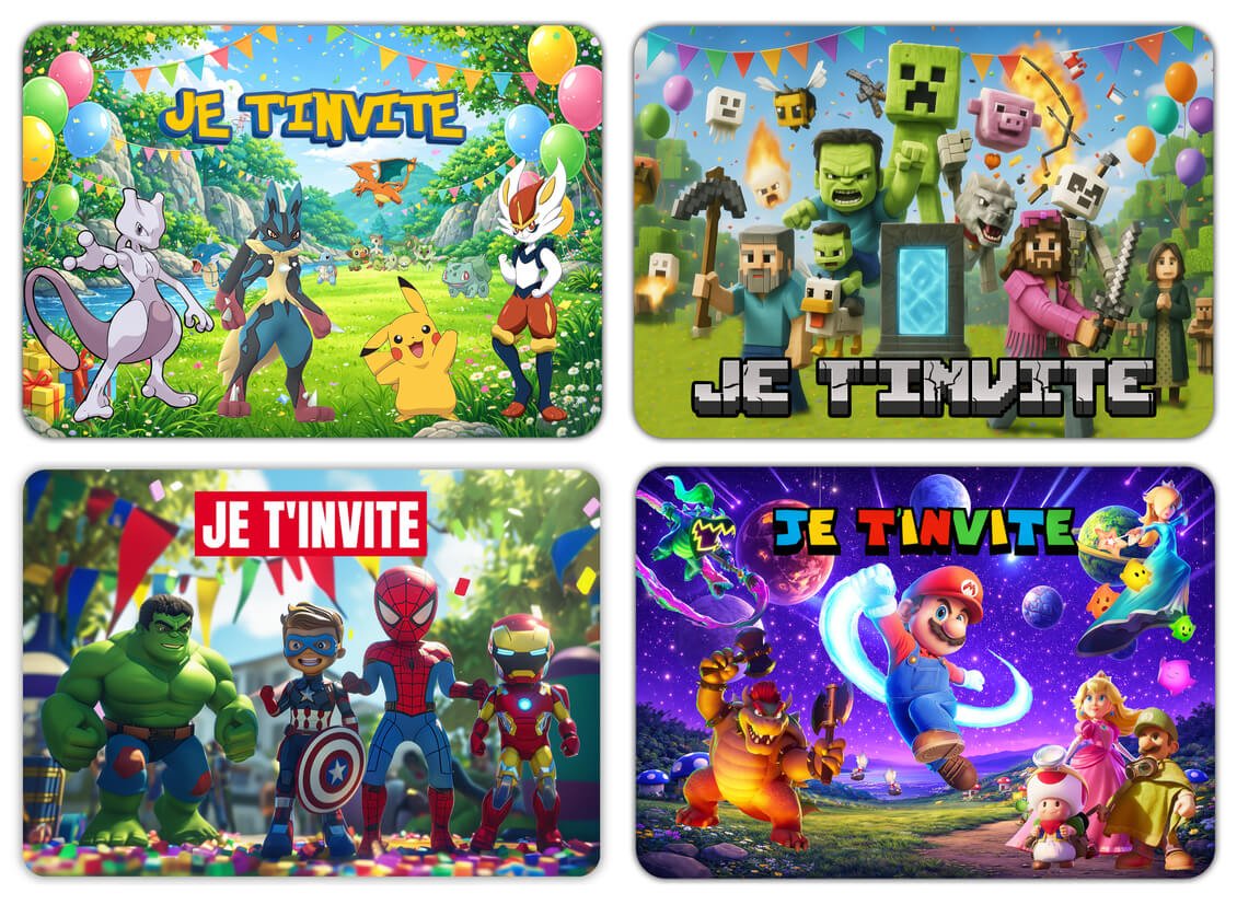 carte invitations garcon pokemon marvel mario minecraft enfants
