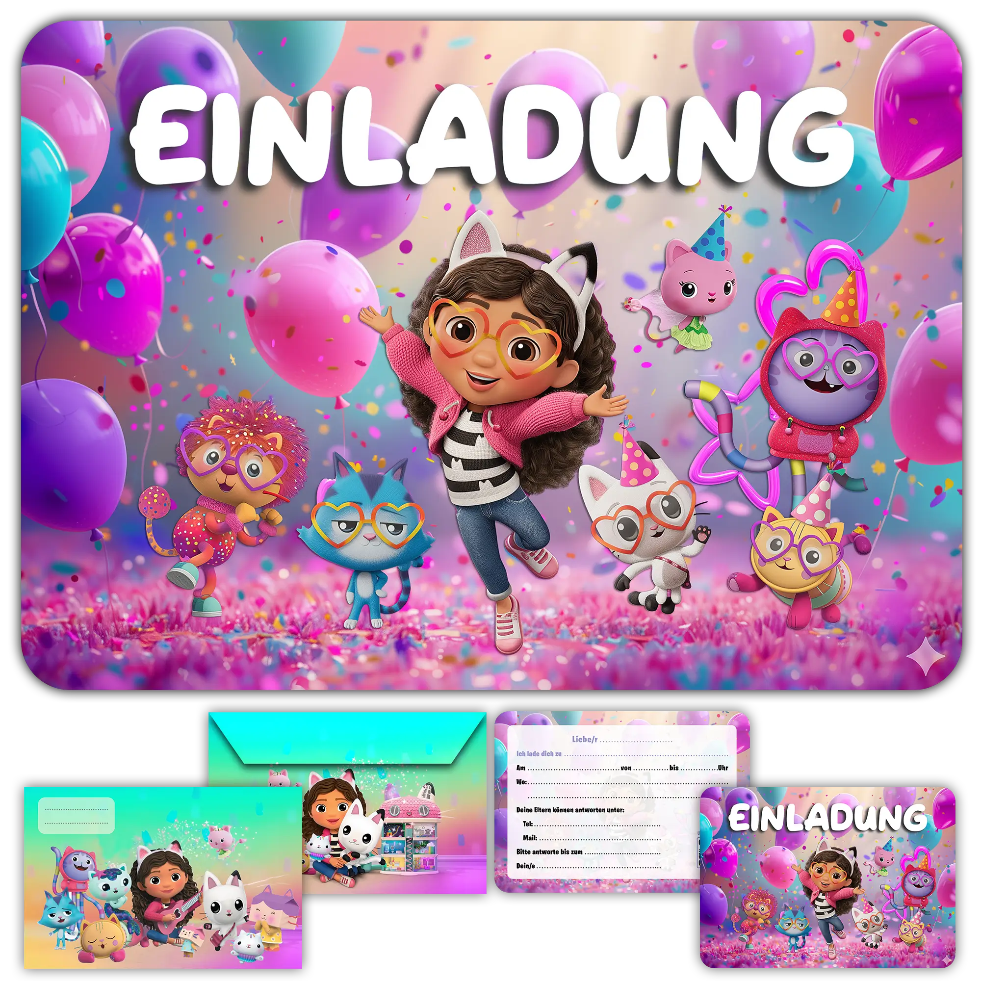 Carte invitation anniversaire fille gabby chat enfants