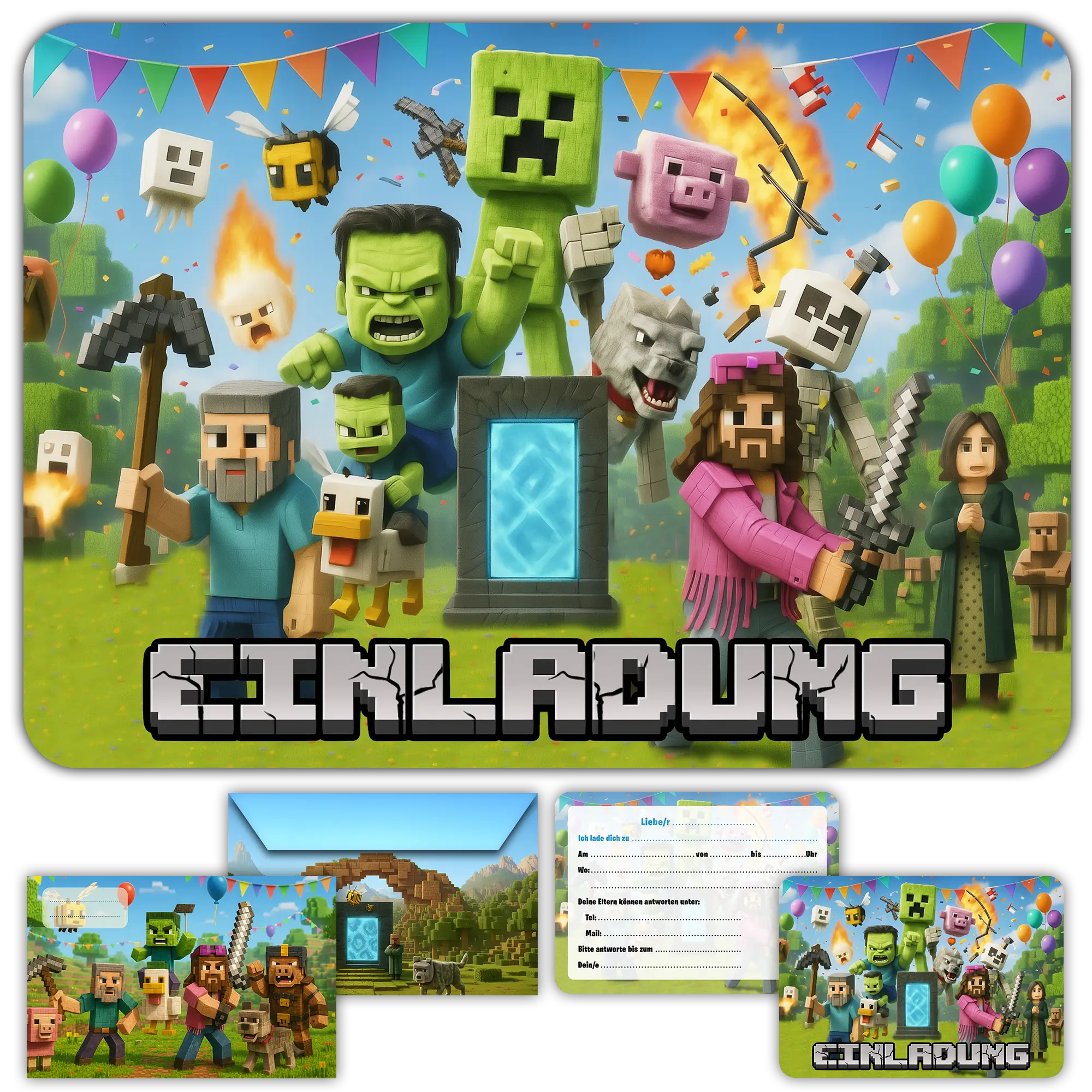 Carte invitation anniversaire garcon minecraft enfants