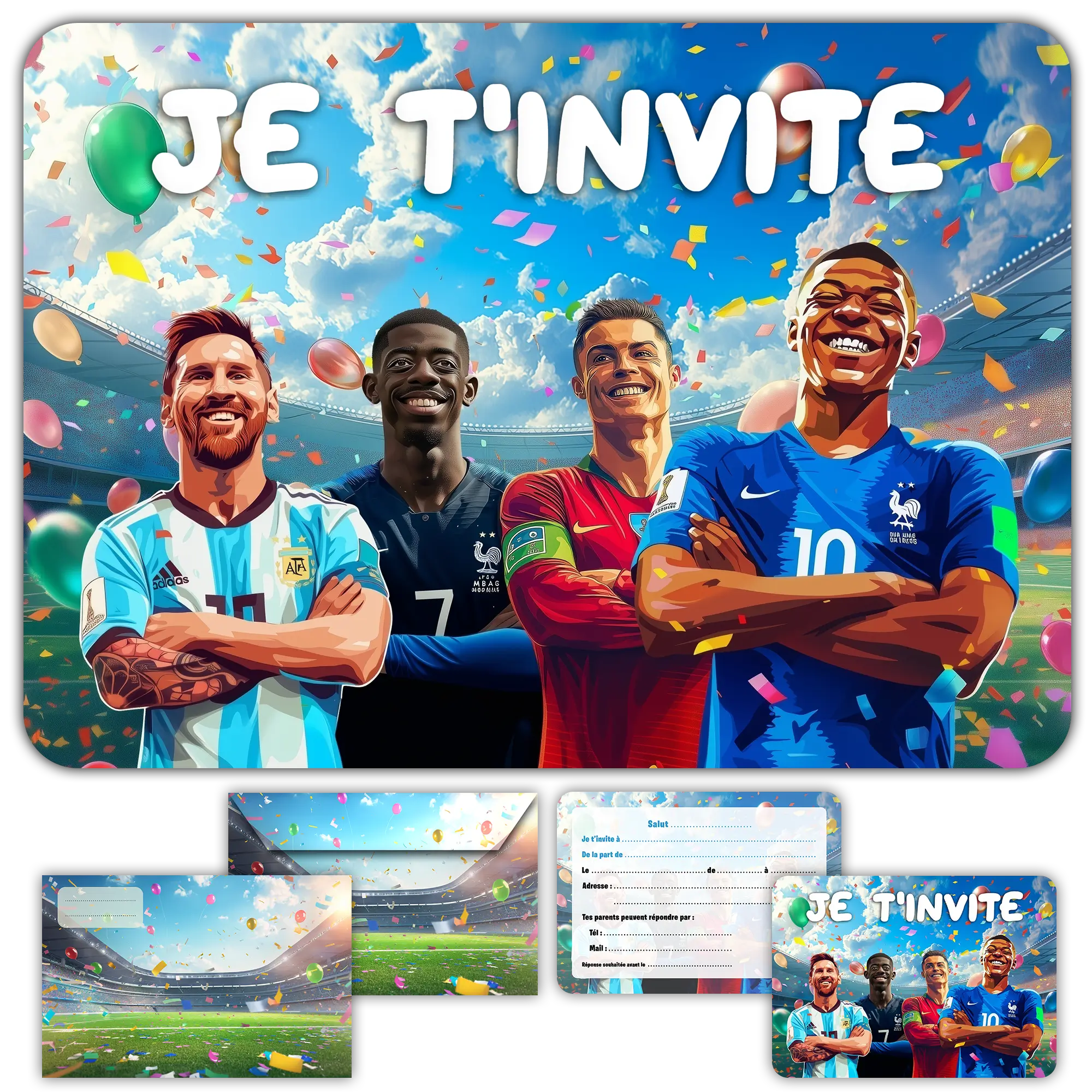 Carte invitation anniversaire garcon football messi ronaldo enfants