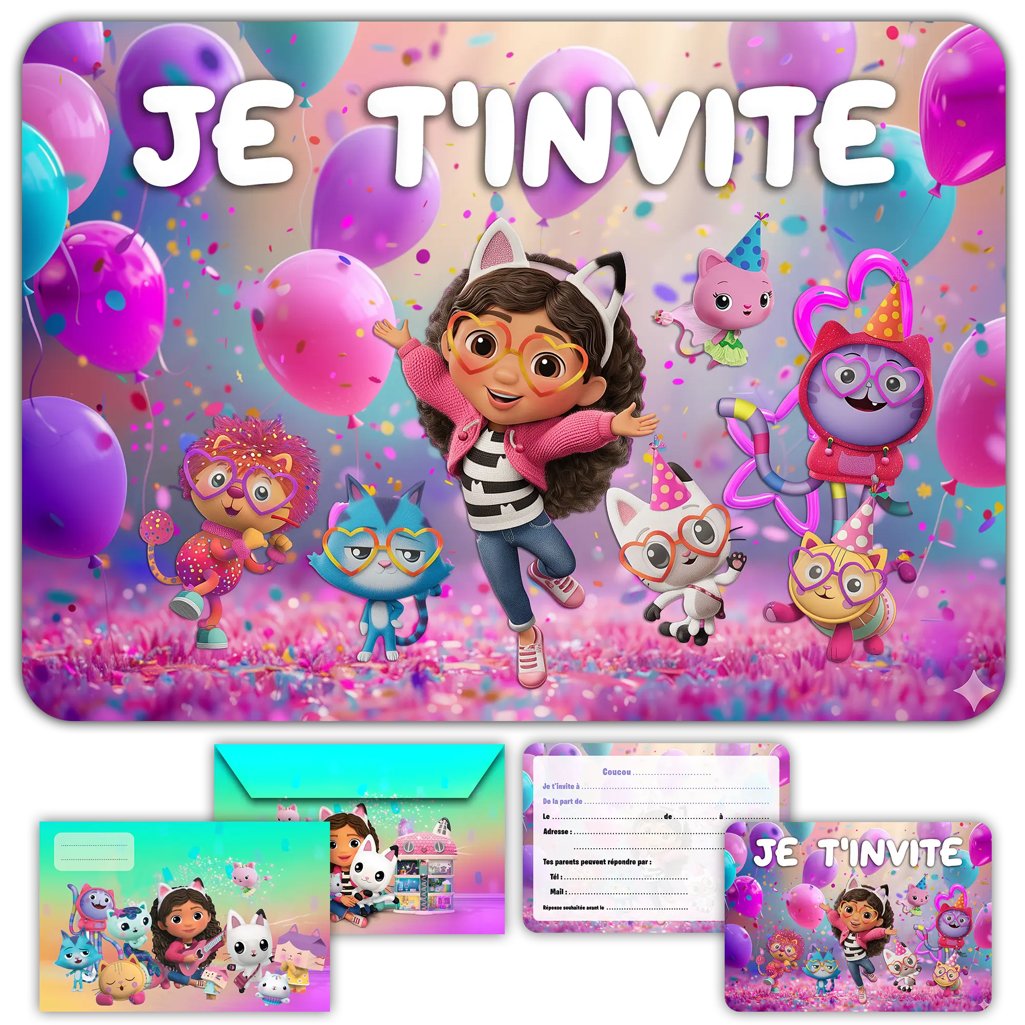 Carte invitation anniversaire fille gabby chat maison magique enfants