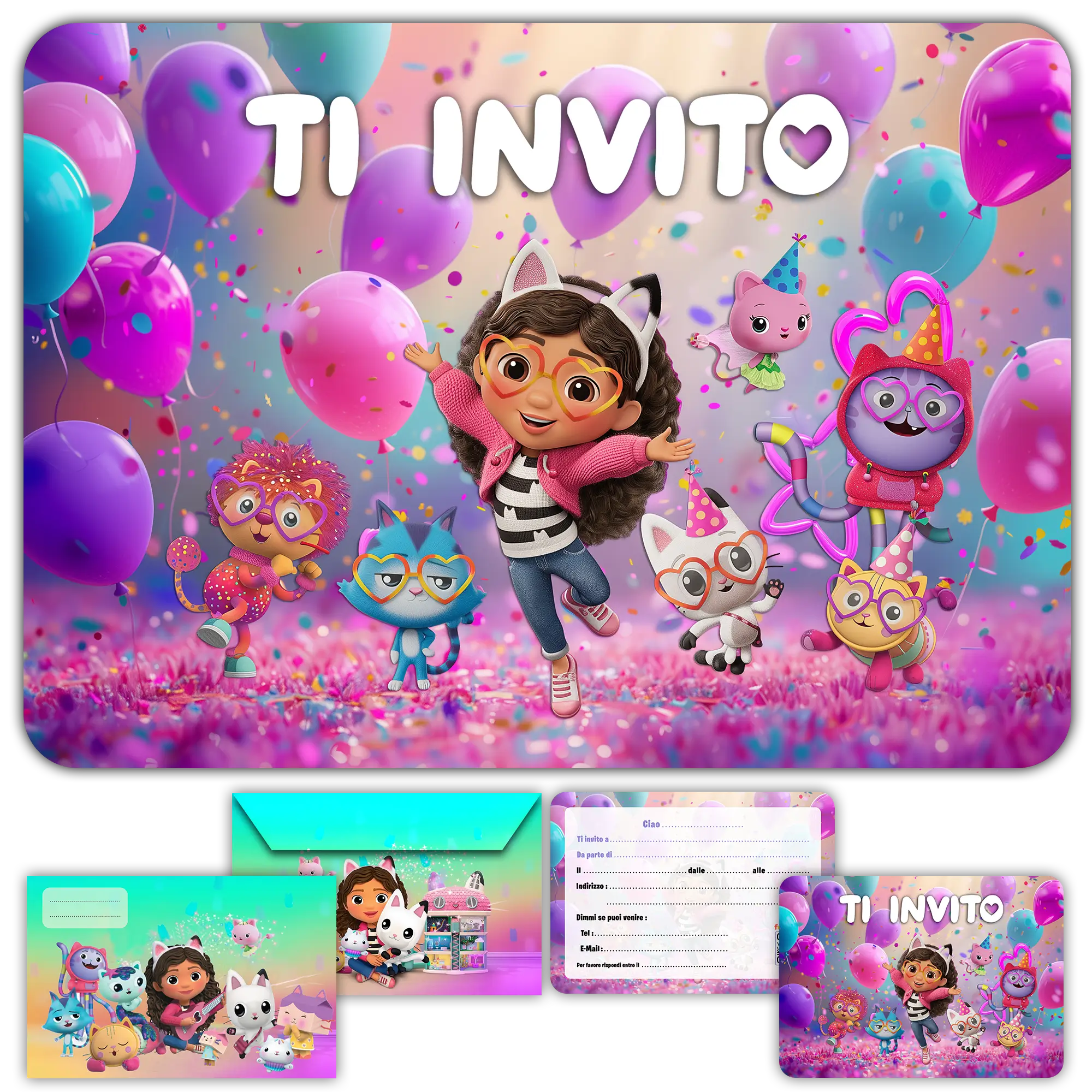 Carte invitation anniversaire fille gabby chat maison magique enfants