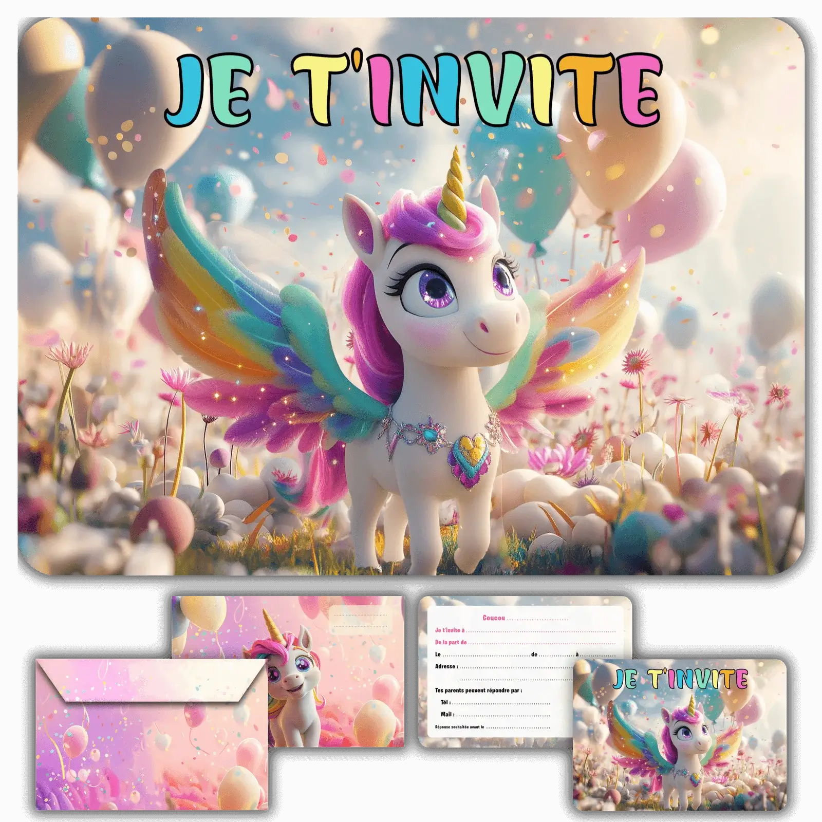 carte invitation anniversaire fille cheval poney licorne fille arc en ciel magie fantastique