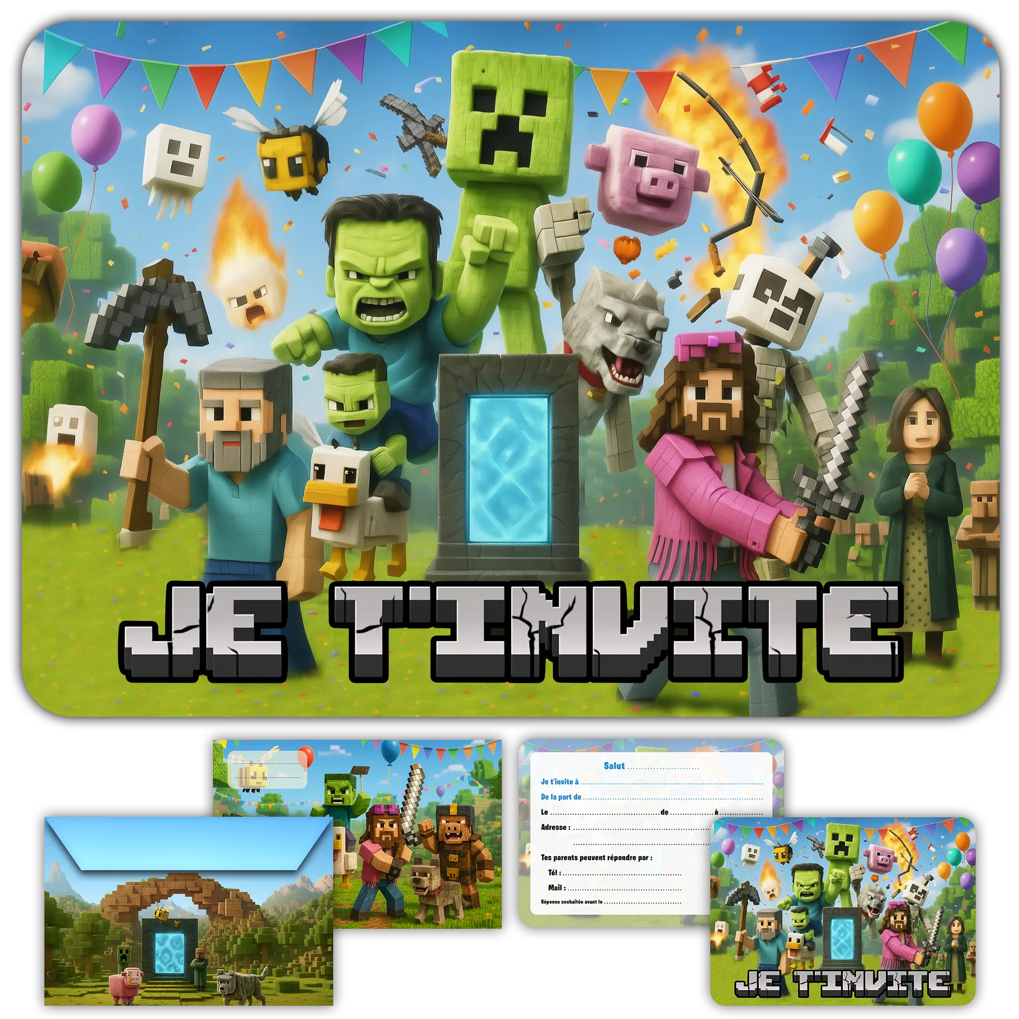 carte invitation anniversaire garcon jeux video minecraft pixel