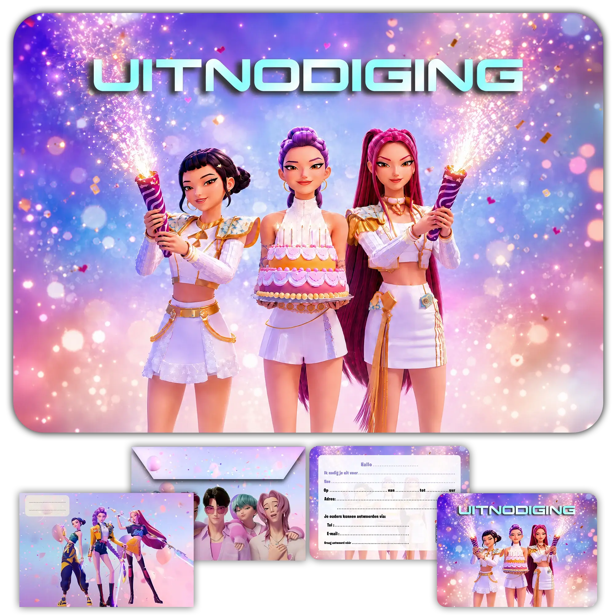 uitnodigingskaart voor verjaardag van een meisje, Demon Hunters, K-pop, dans