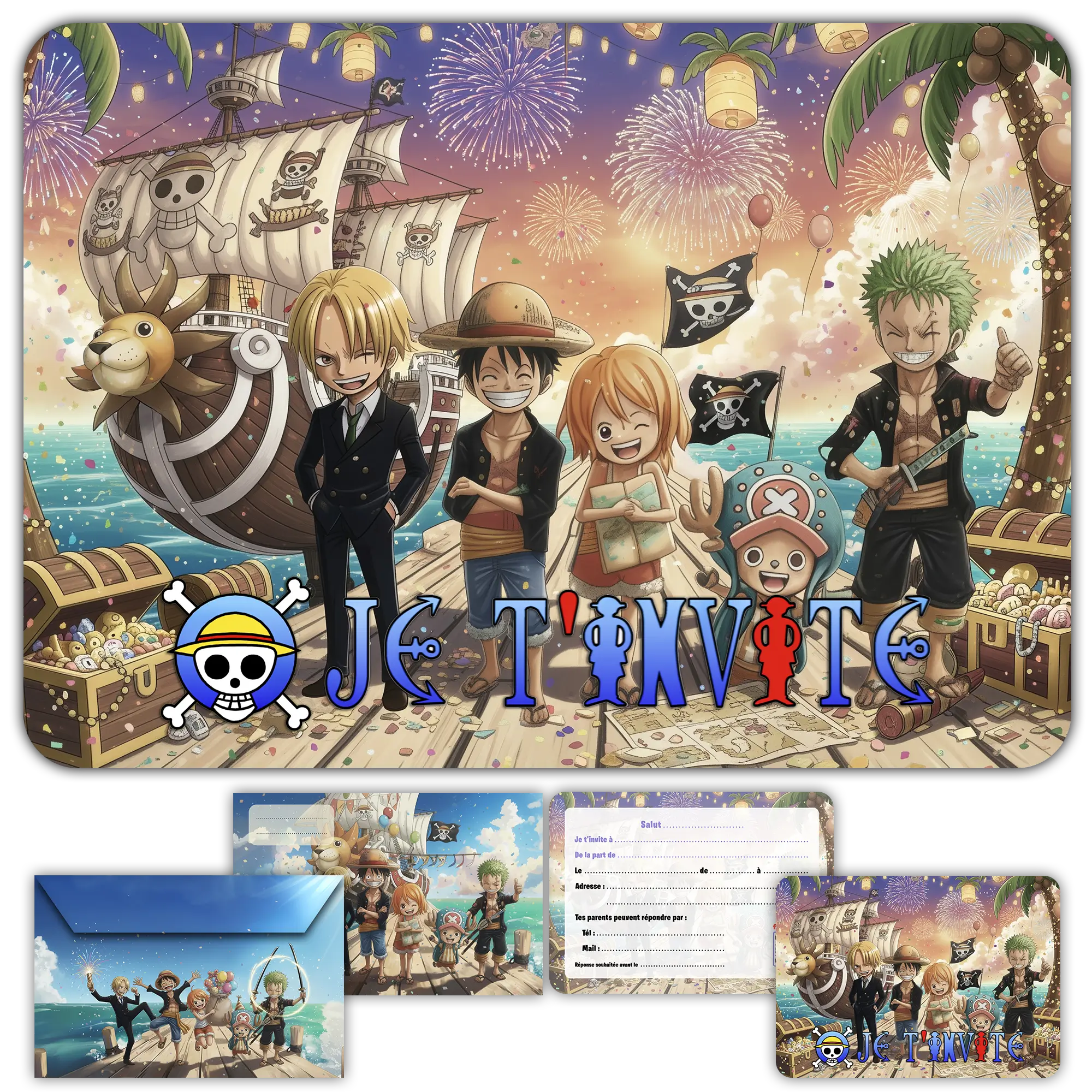 Carte invitation anniversaire one piece enfants