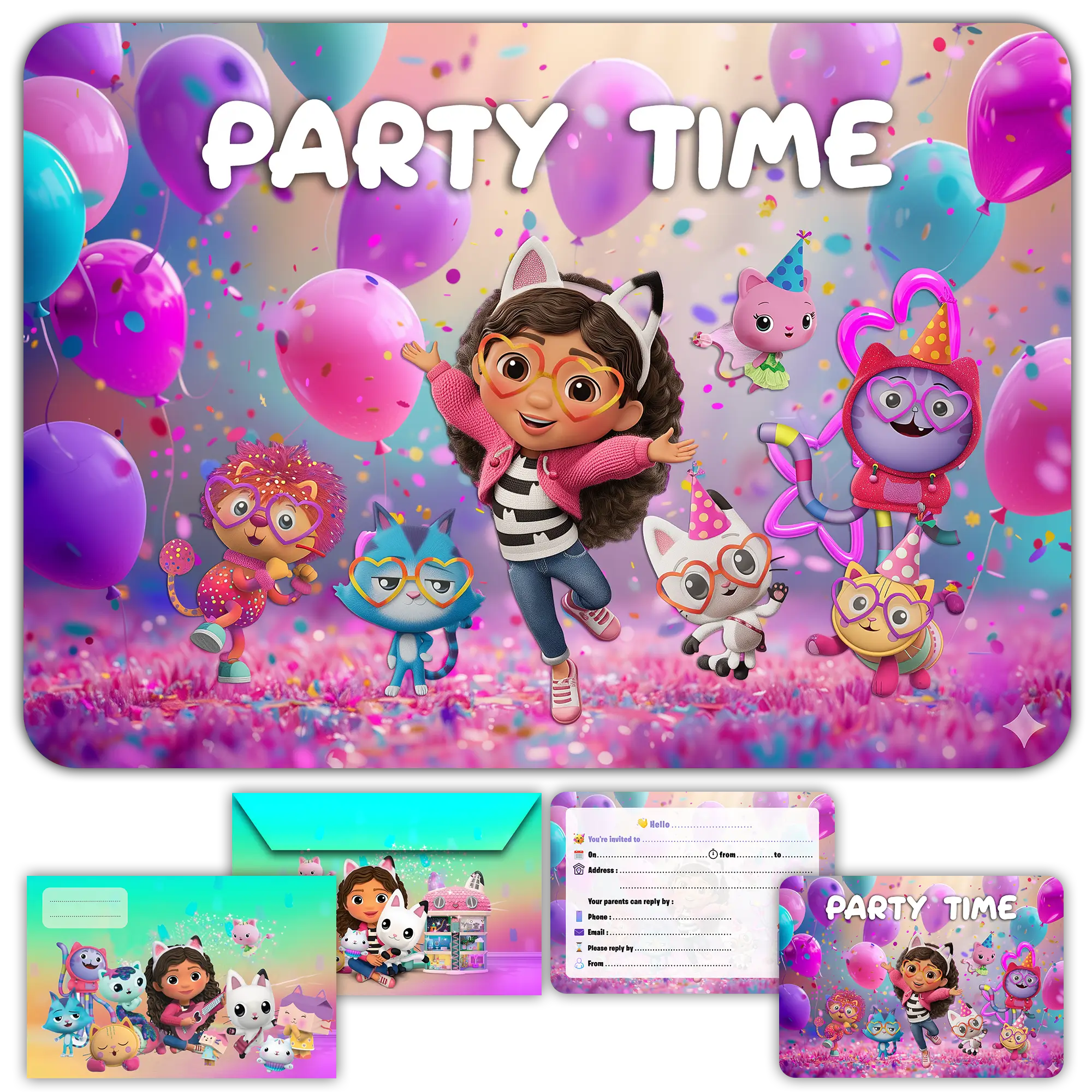 Carte invitation anniversaire fille gabby chat enfants