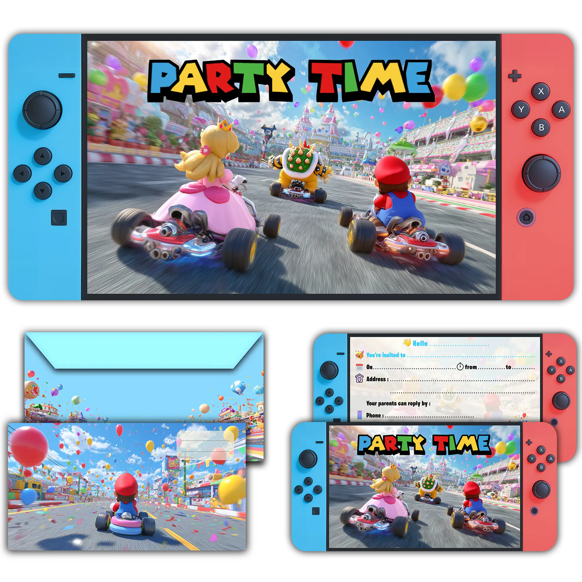 Carte invitation anniversaire garcon switch mario kart enfants